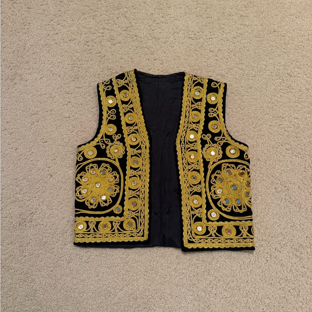 1970s Vintage Embroidered Vest - Black and Gold